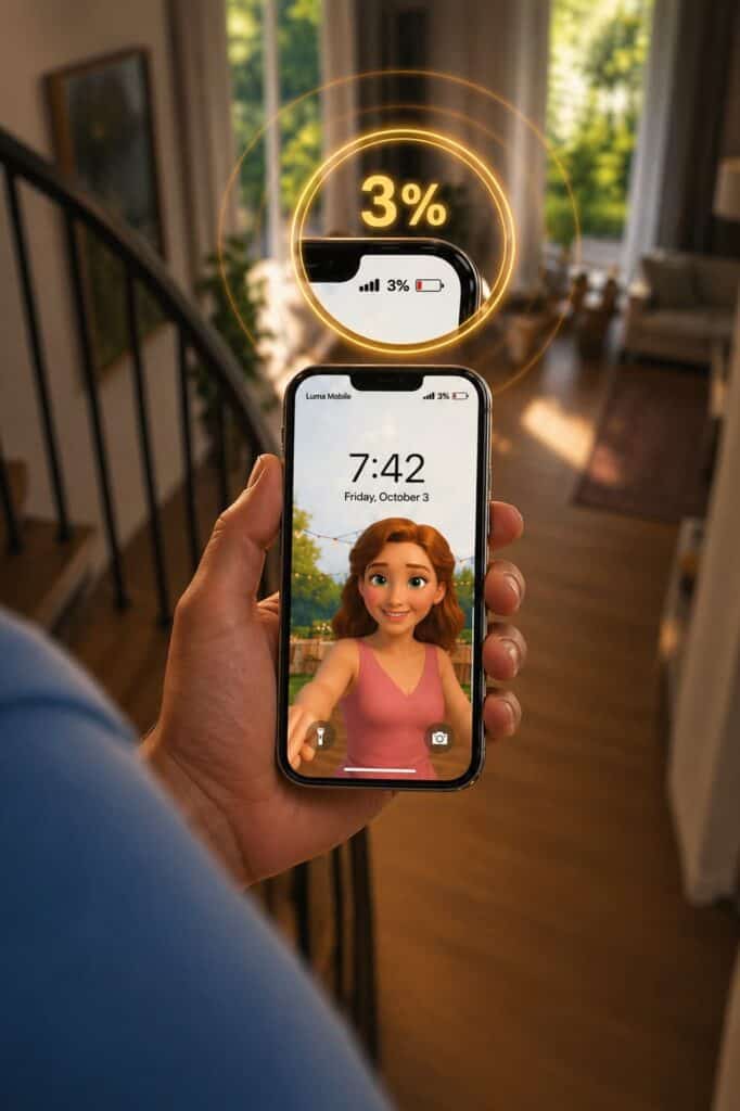 Hand holding smartphone in a modern home interior