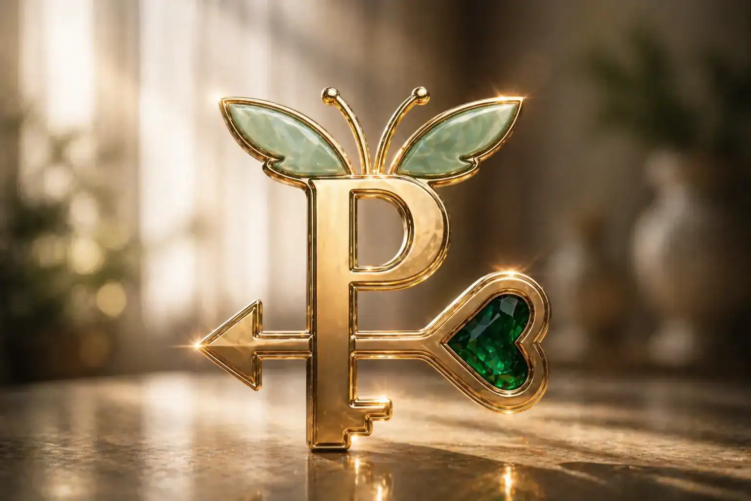Elegant gold and emerald Piedmont & Company emblem illuminated by soft natural light in a warm interior setting