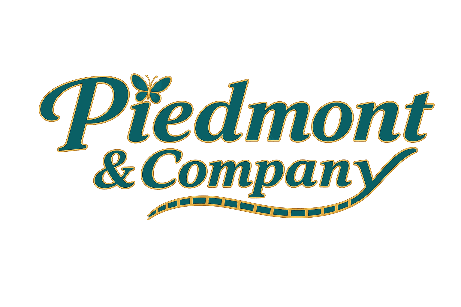 Piedmont & Company logo, teal and gold text with decorative butterfly and filmstrip