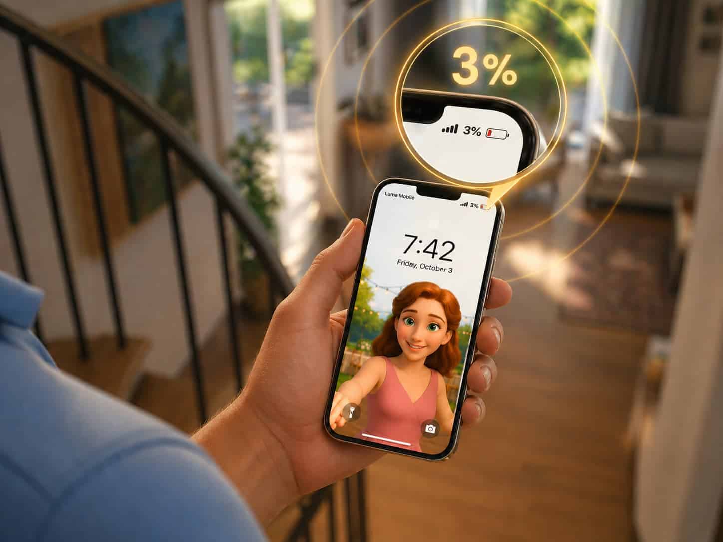 Hand holding smartphone in a modern home interior